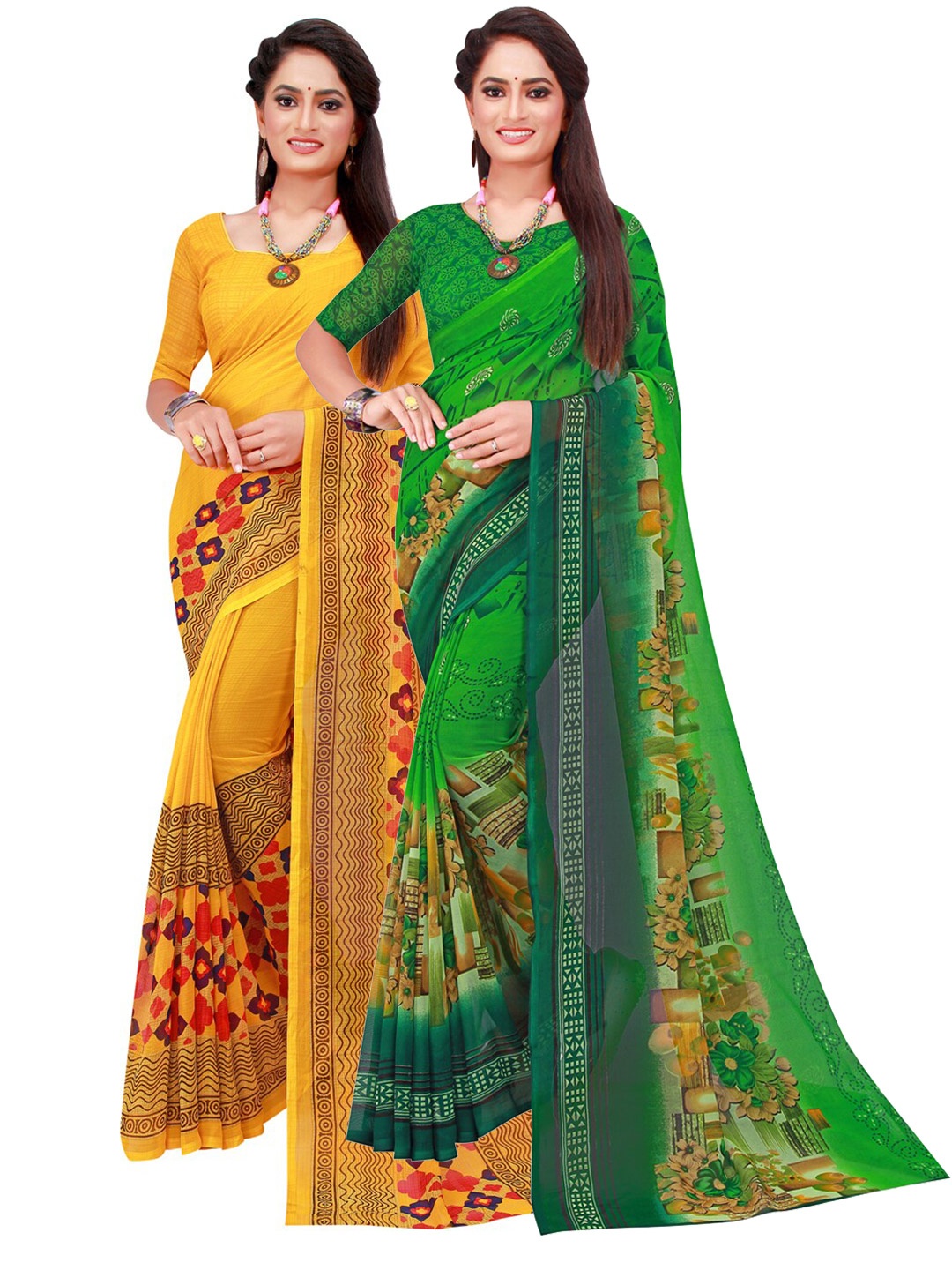 

KALINI Yellow & Green Pack Of 2 Pure Georgette Sarees