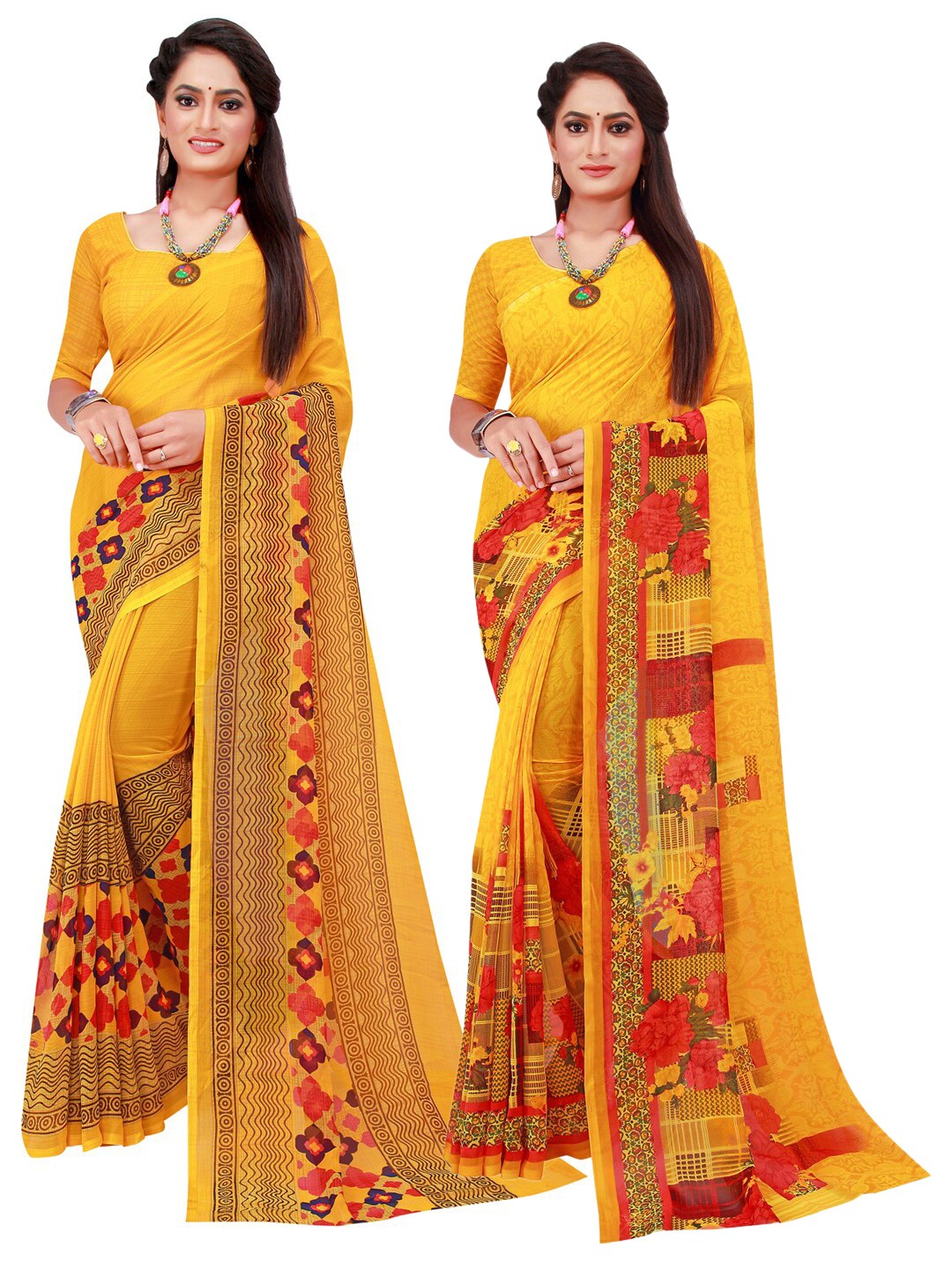 

KALINI Yellow & Red Pack Of 2 Pure Georgette Sarees