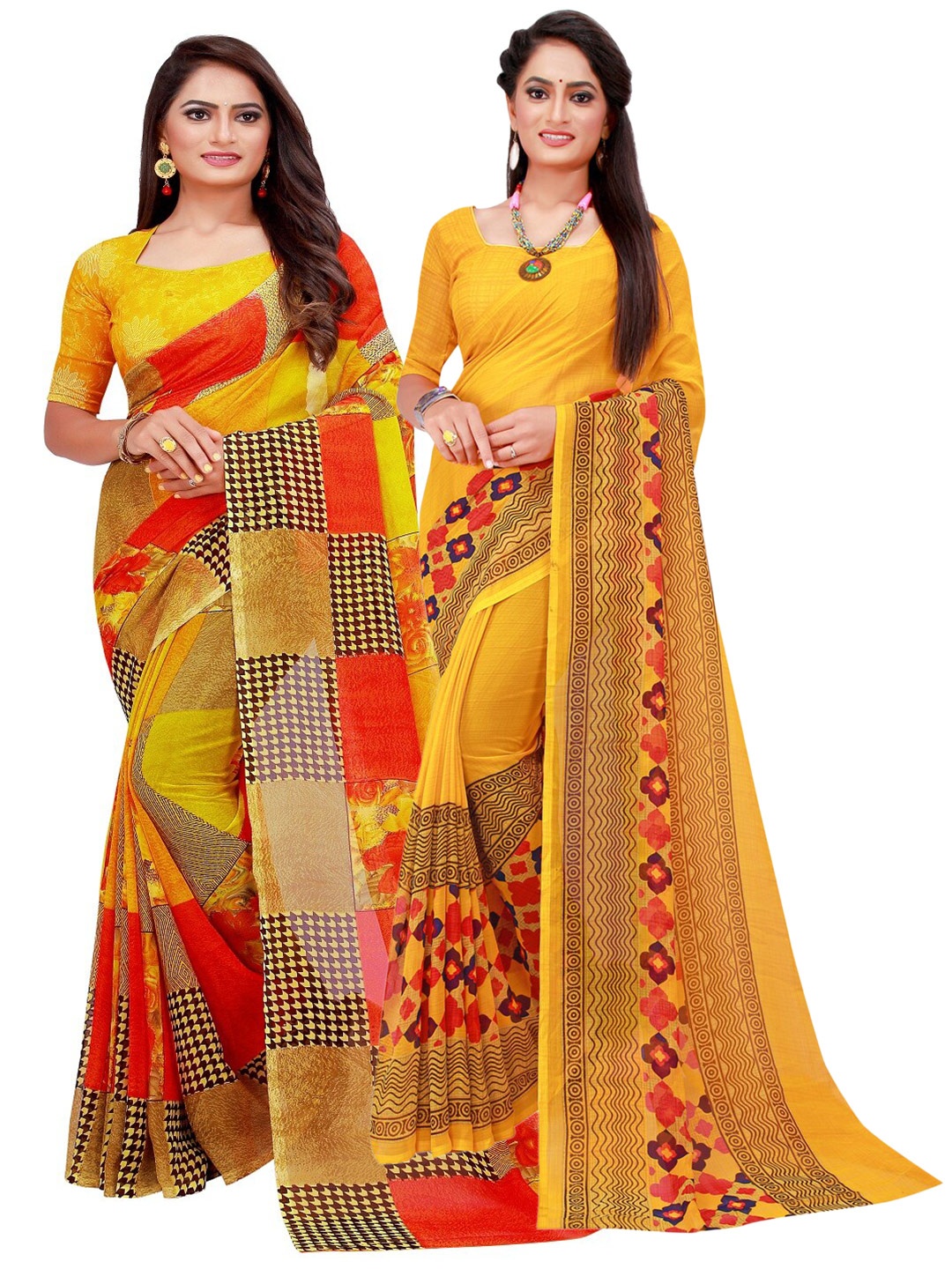 

KALINI Yellow & Red Pack Of 2 Pure Georgette Sarees