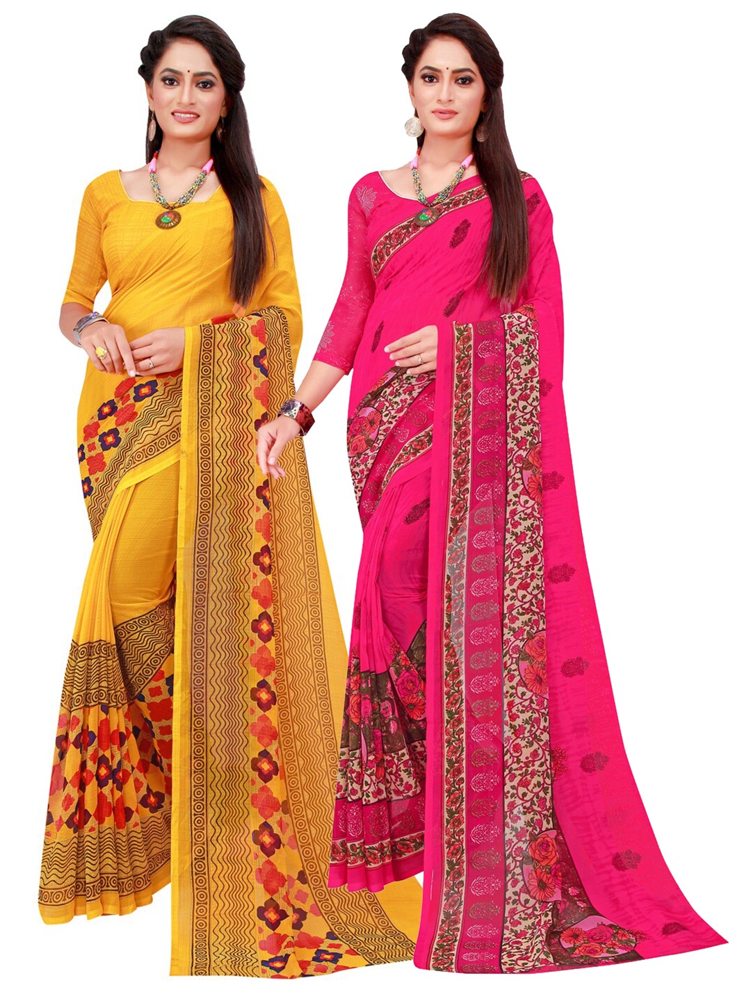 

KALINI Yellow & Red Pack Of 2 Pure Georgette Sarees