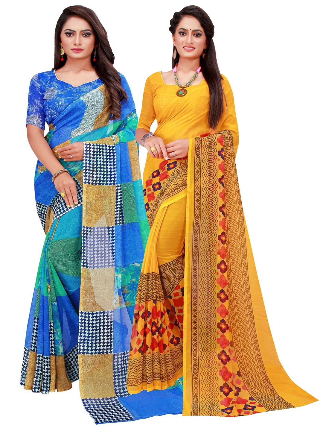 

KALINI Blue & Yellow Pack Of 2 Pure Georgette Sarees