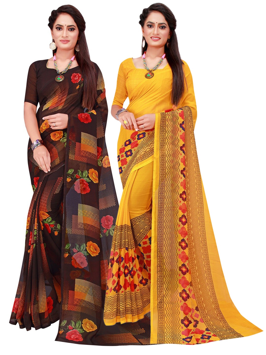 

KALINI Yellow & Brown Pack Of 2 Pure Georgette Sarees