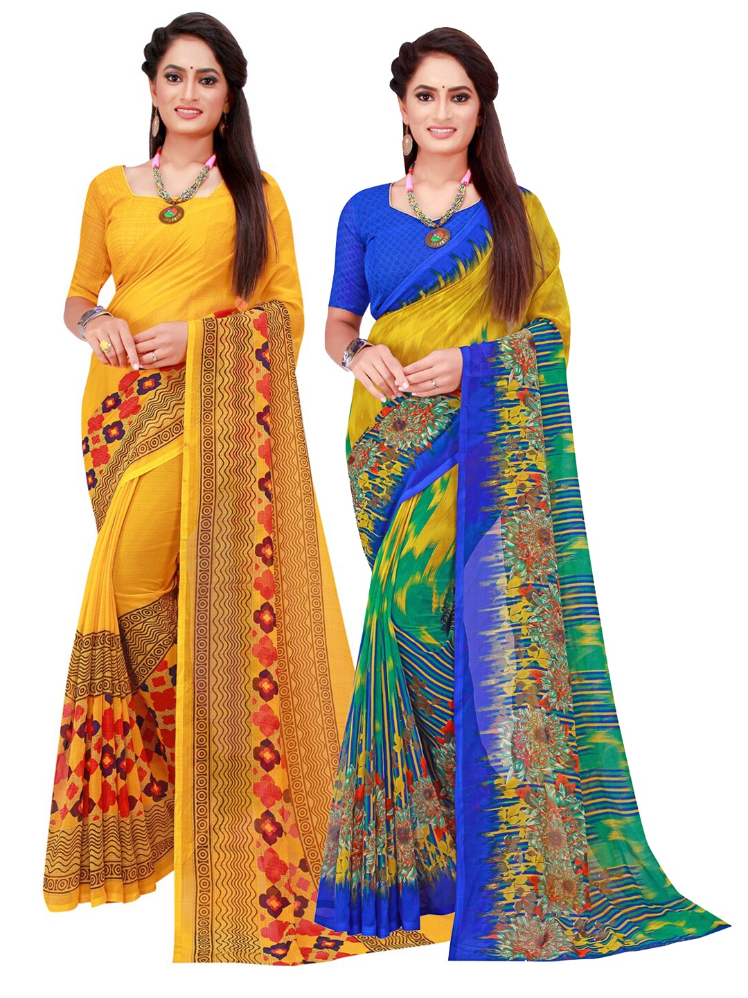 

KALINI Yellow & Blue Pack Of 2 Pure Georgette Sarees