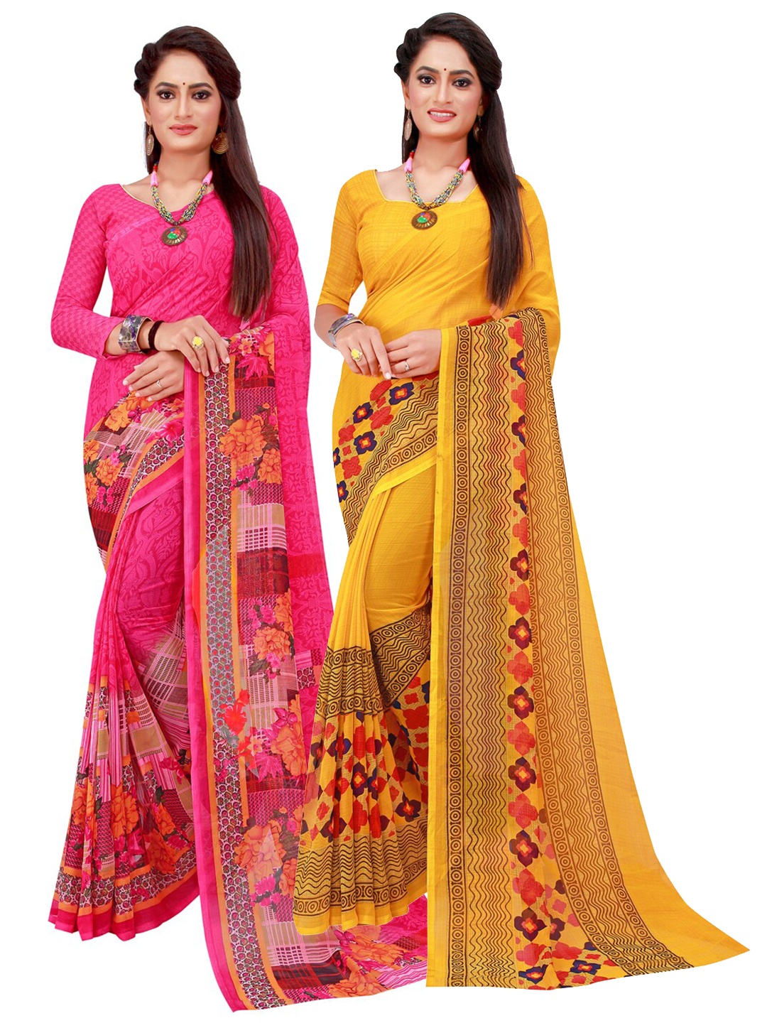 

KALINI Pink & Yellow Pack Of 2 Pure Georgette Sarees