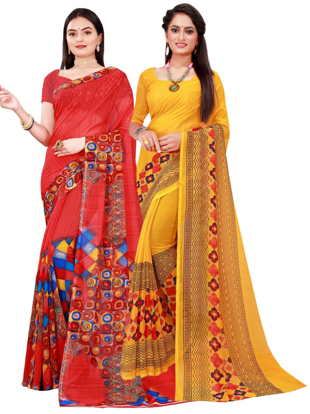 

KALINI Red & Yellow Pack Of 2 Pure Georgette Sarees