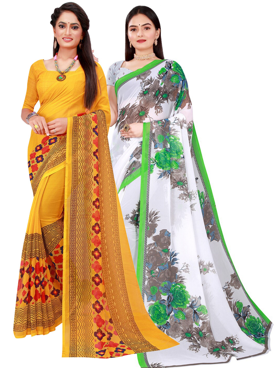 

KALINI Yellow & White Pack Of 2 Pure Georgette Sarees