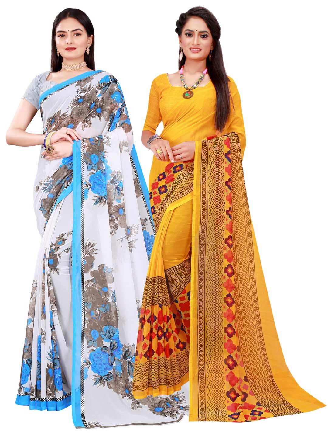 

KALINI Yellow & White Pack Of 2 Pure Georgette Sarees