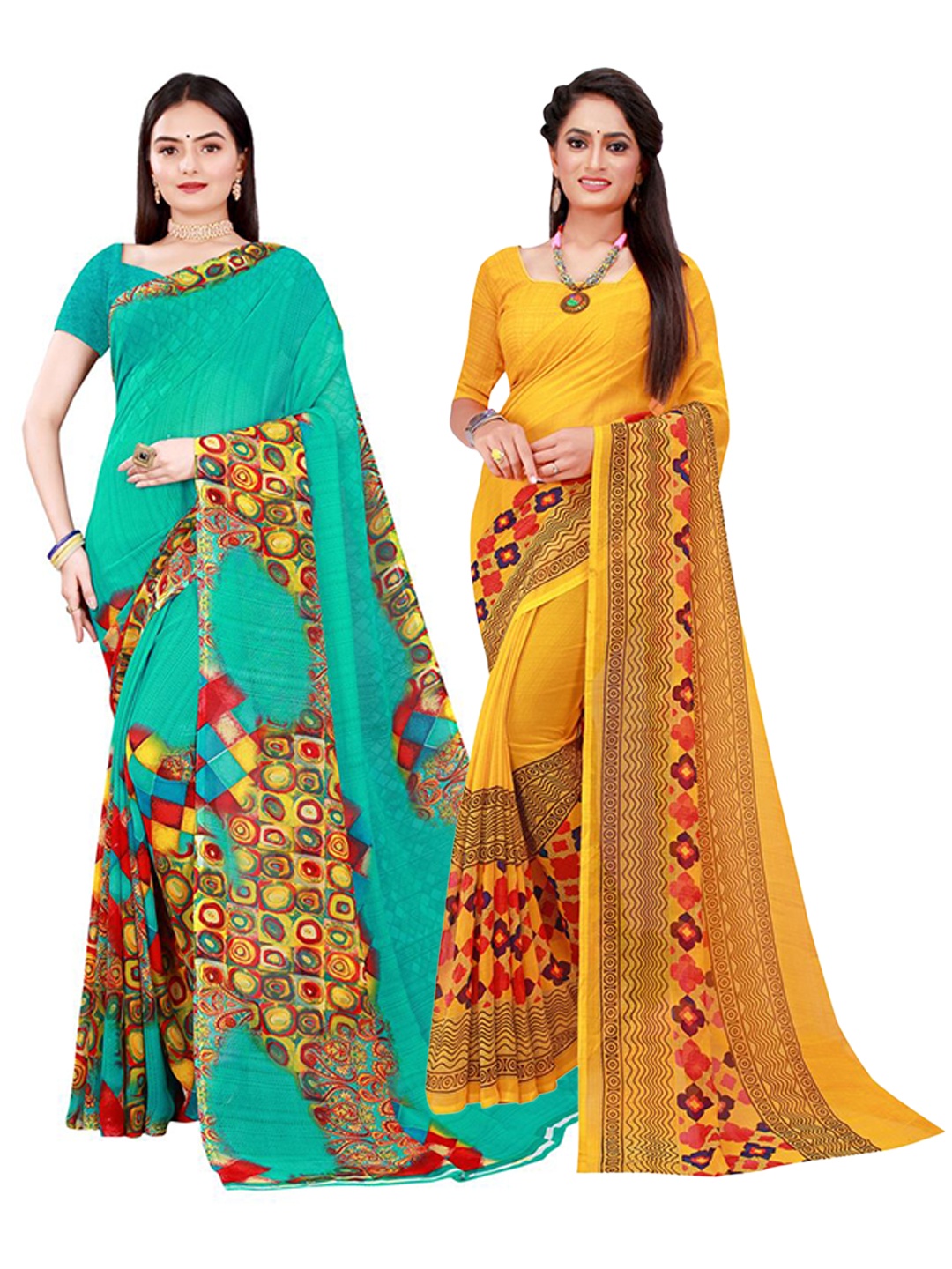 

KALINI Green & Yellow Pack Of 2 Pure Georgette Sarees