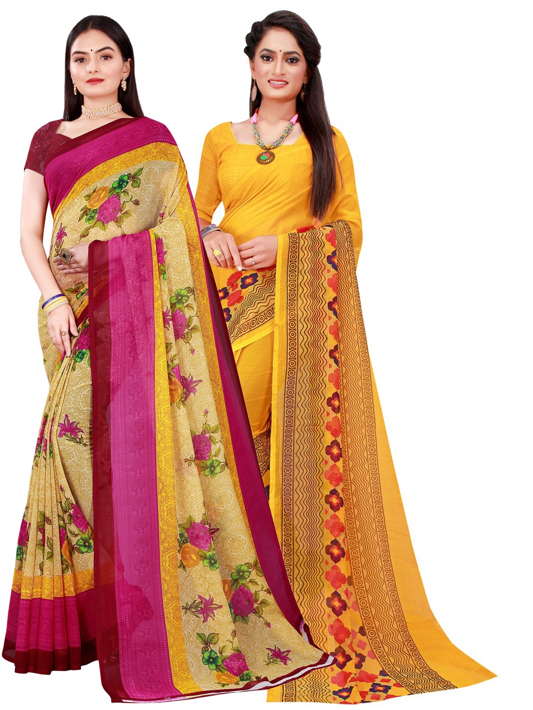 

KALINI Beige & Yellow Pack Of 2 Pure Georgette Sarees
