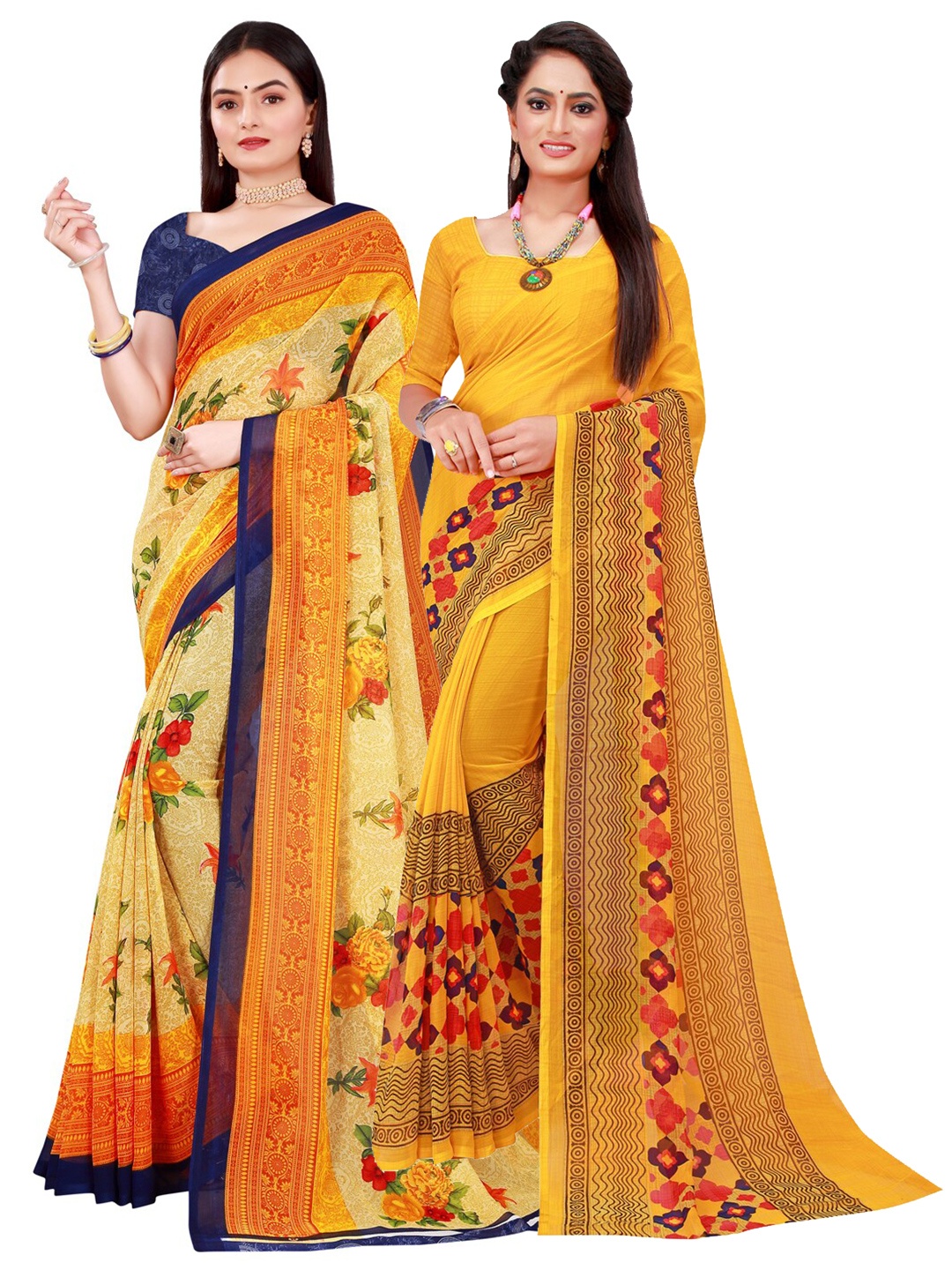 

KALINI Beige & Yellow Floral Pack Of 2 Pure Georgette Sarees