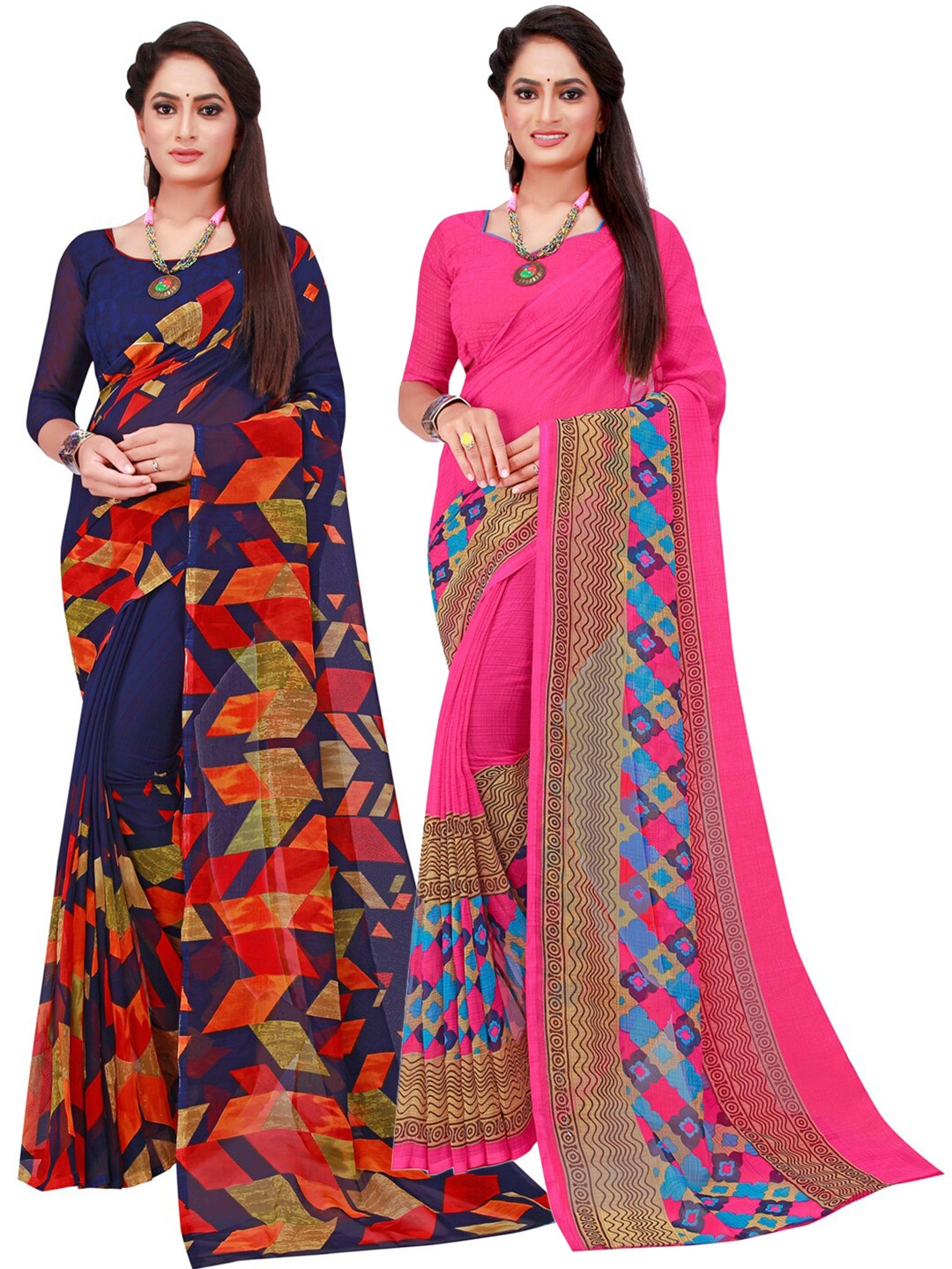 

KALINI Pack of 2 Navy Blue & Pink Pure Georgette Sarees