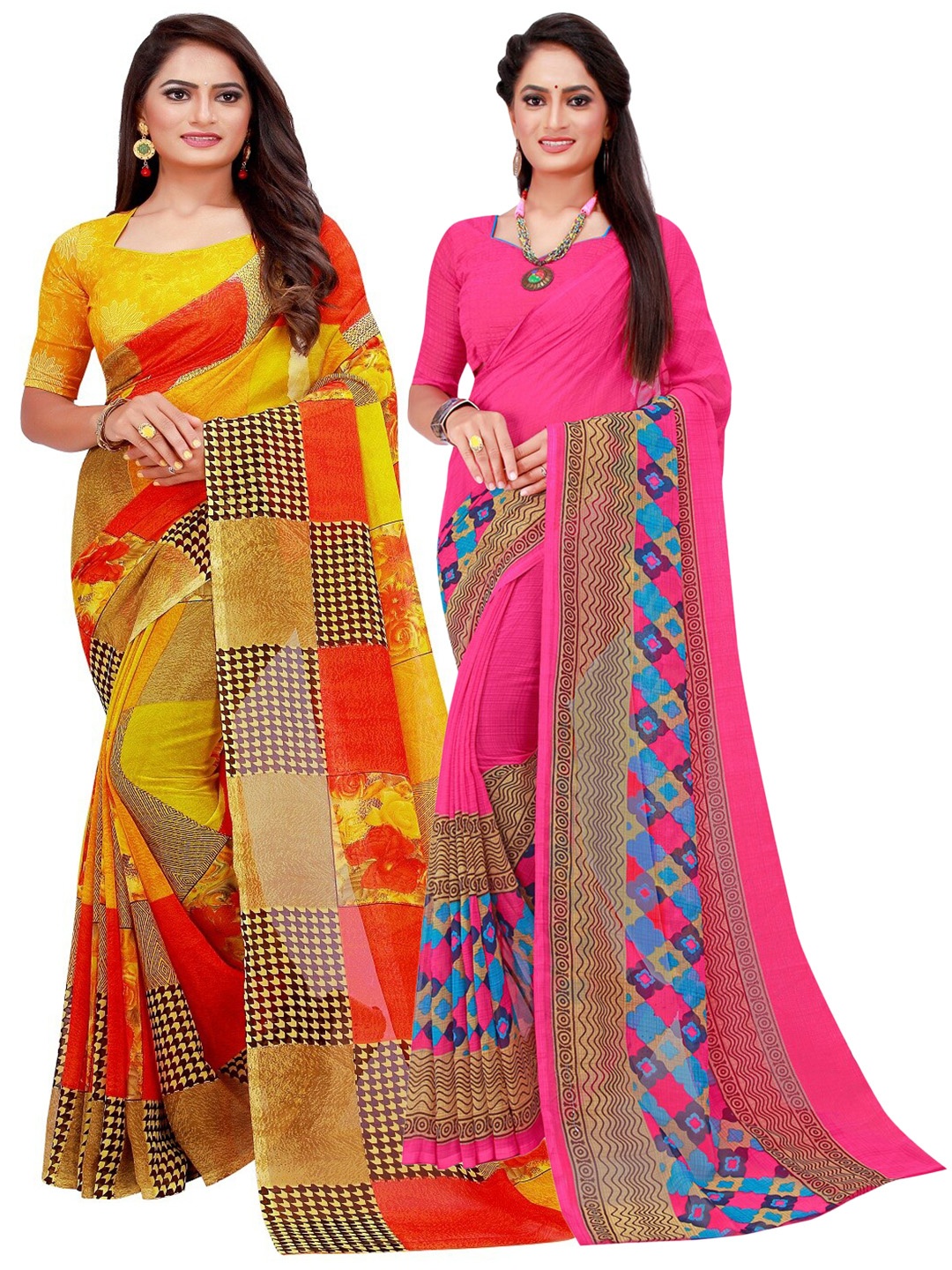 

KALINI Magenta & Yellow Printed Pure Georgette Sarees Pack Of 2