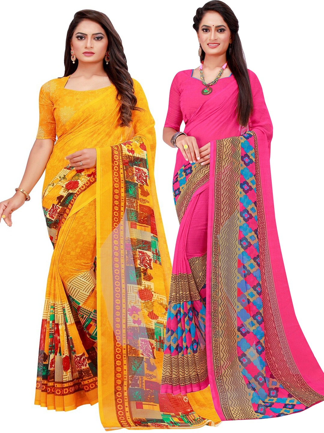 

KALINI Pack Of 2 Magenta & Yellow Pure Georgette Saree