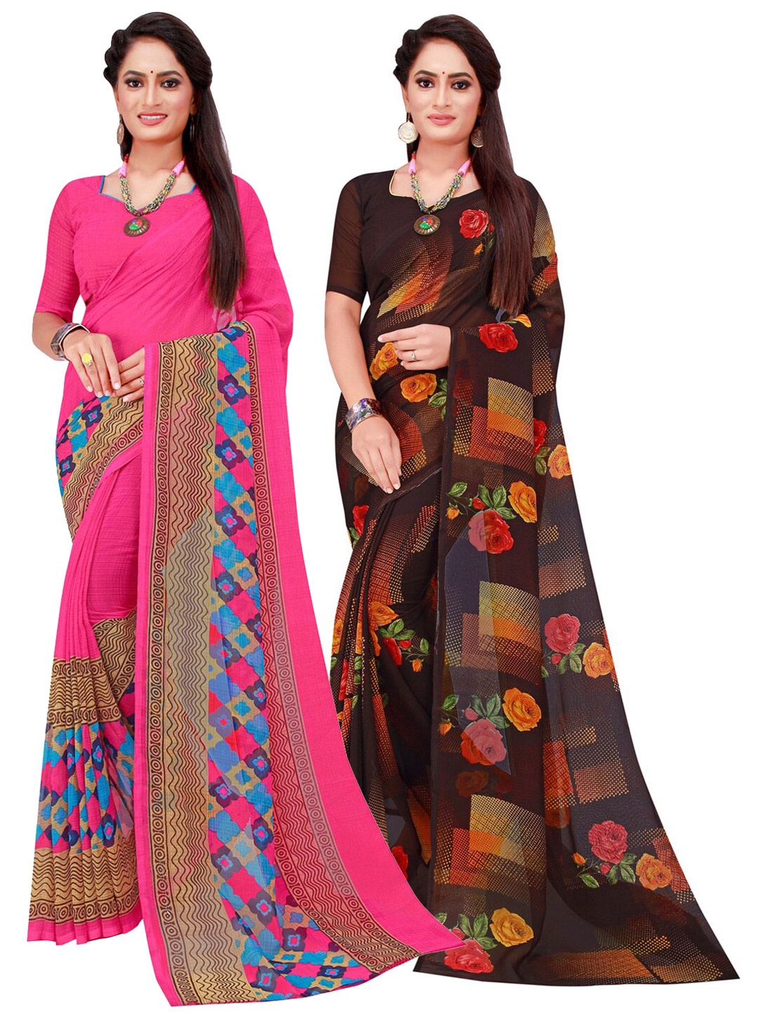 

KALINI Magenta & Brown Printed Pure Georgette Sarees Pack Of 2