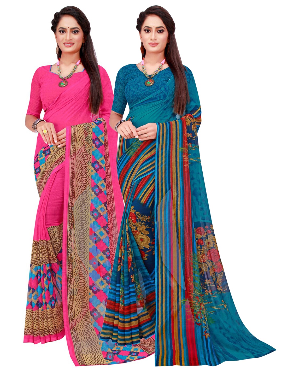 

KALINI Magenta & Blue Set of 2 Pure Georgette Saree