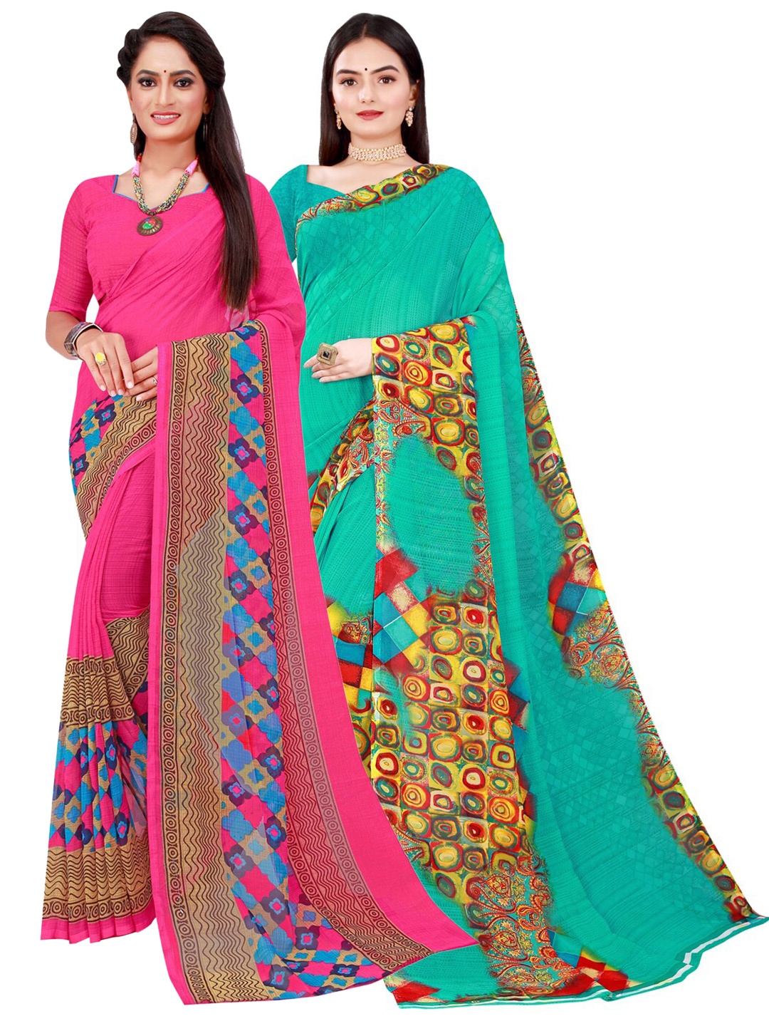 

KALINI Pack of 2 Magenta & Green Pure Georgette Saree