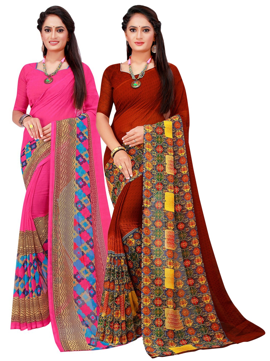 

KALINI Pack Of 2 Magenta & Maroon Geometric Printed Sarees
