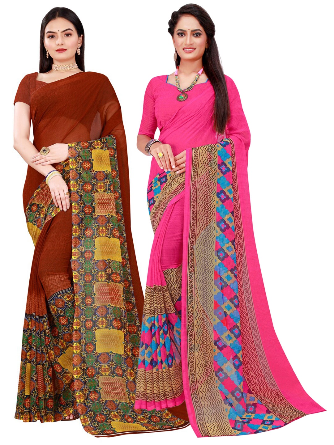 

KALINI Pack of 2 Pink & Brown Floral Pure Georgette Sarees