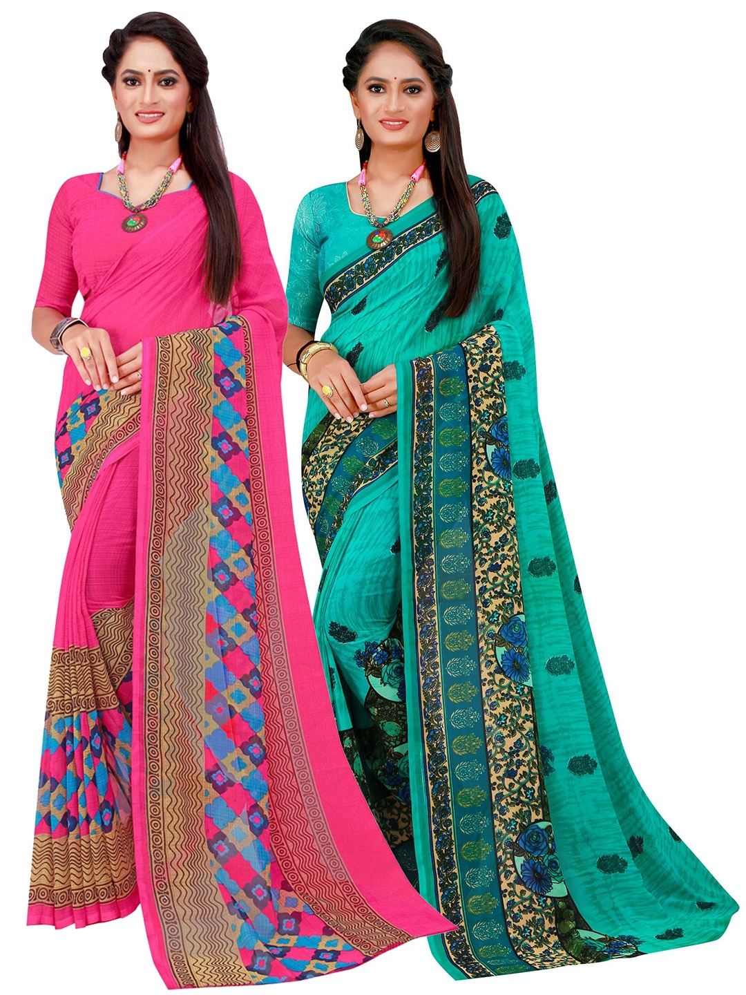 

KALINI Magenta & Turquoise Blue Set Of 2 Ethnic Motifs Pure Georgette Saree