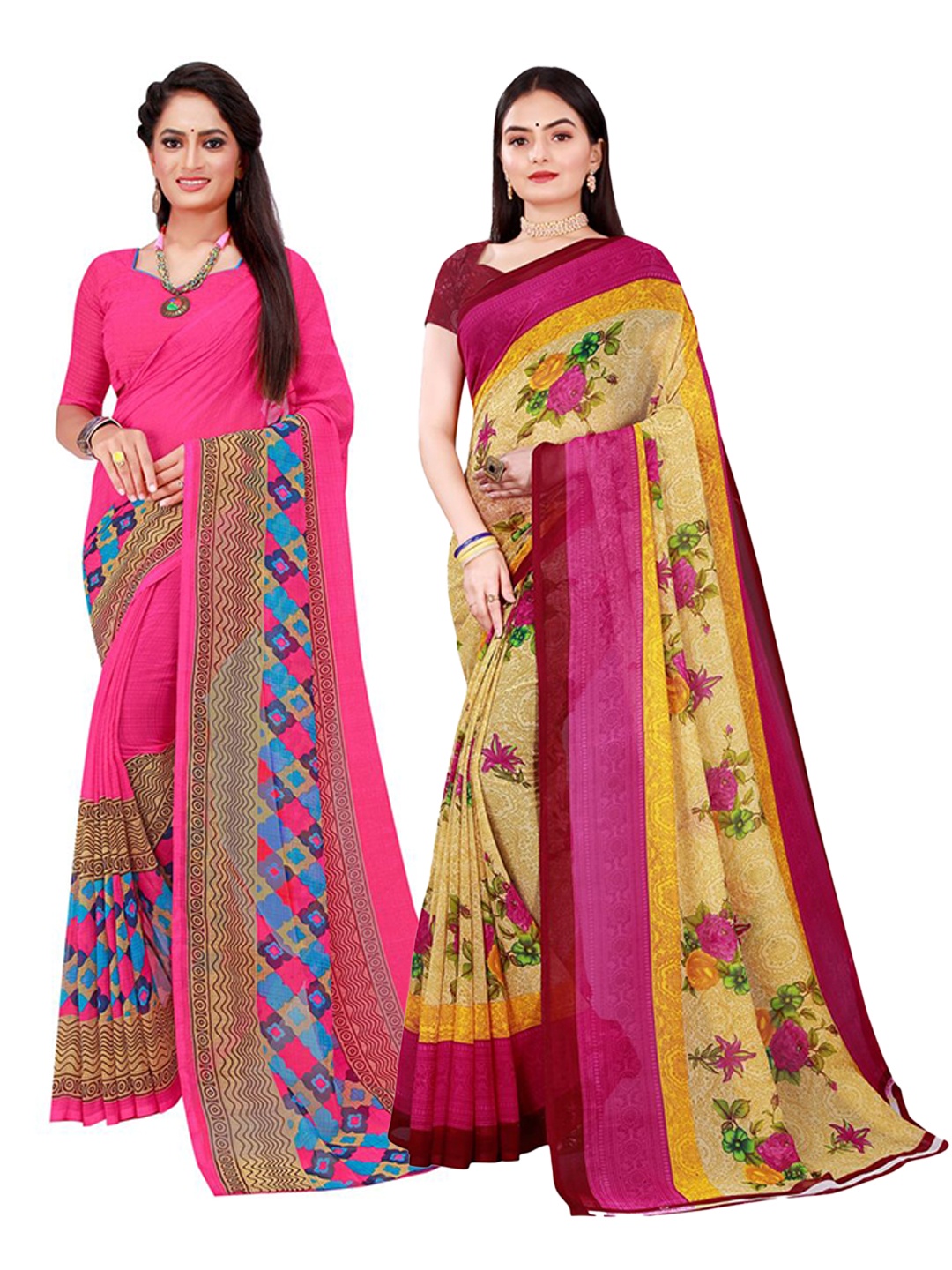 

KALINI Beige & Pink Printed Pure Georgette Sarees Pack Of 2