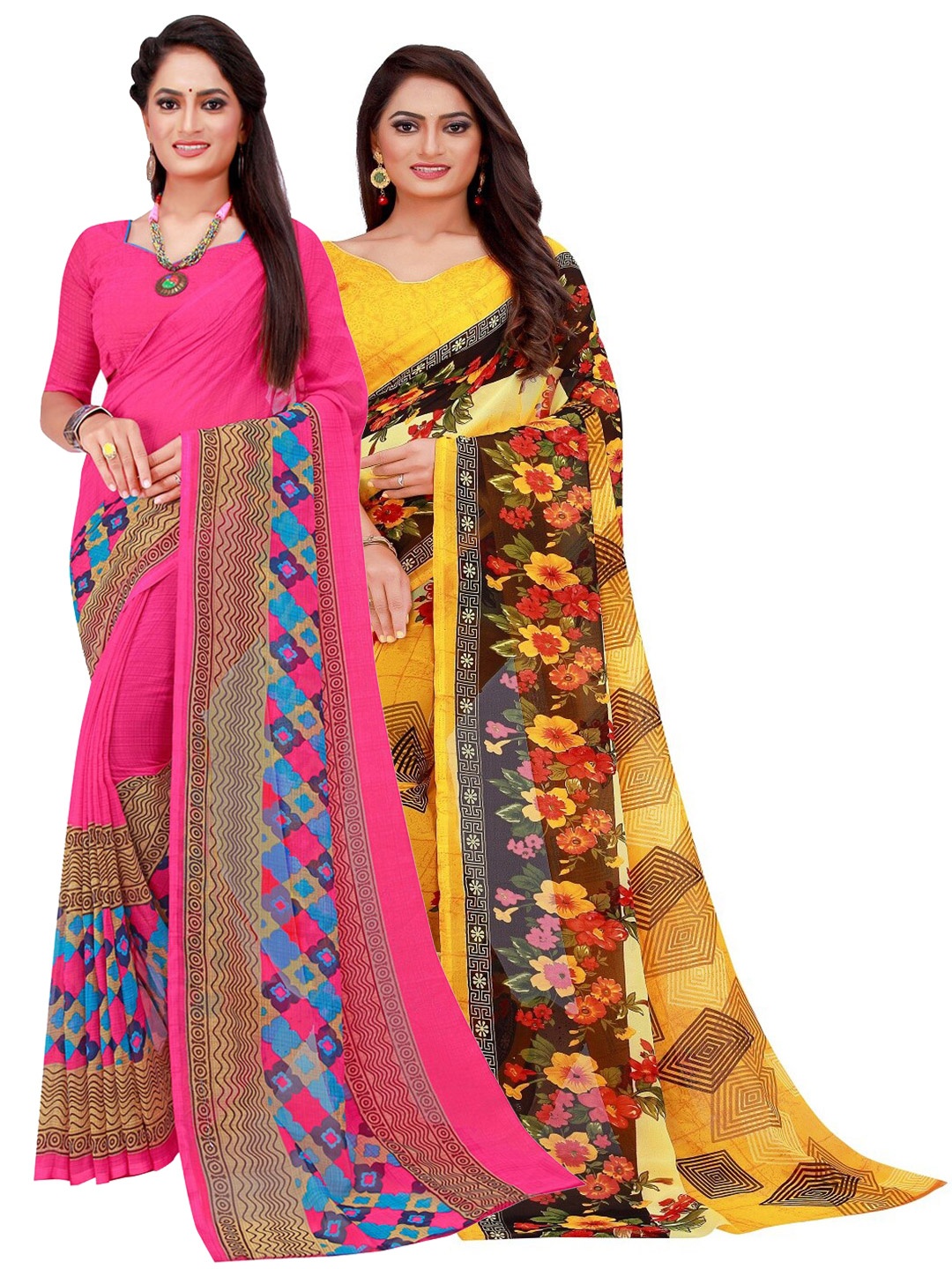 

KALINI Pack of 2 Yellow & Pink Floral Pure Georgette Sarees