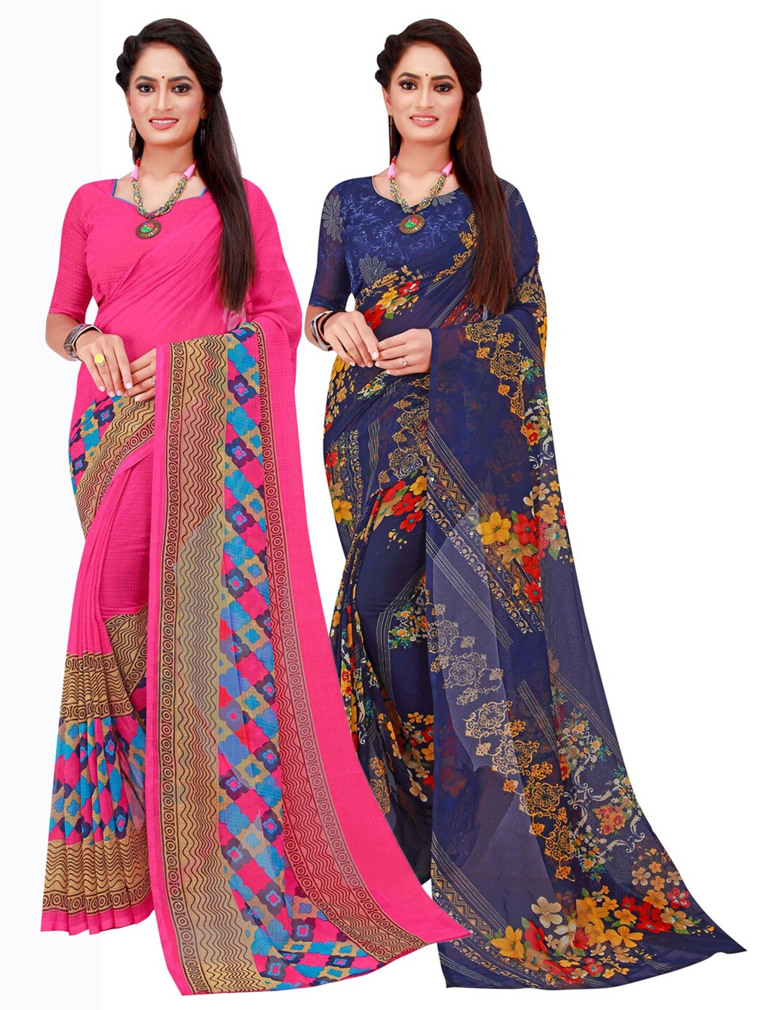 

KALINI Pack of 2 Magenta & Navy Blue Floral Pure Georgette Saree