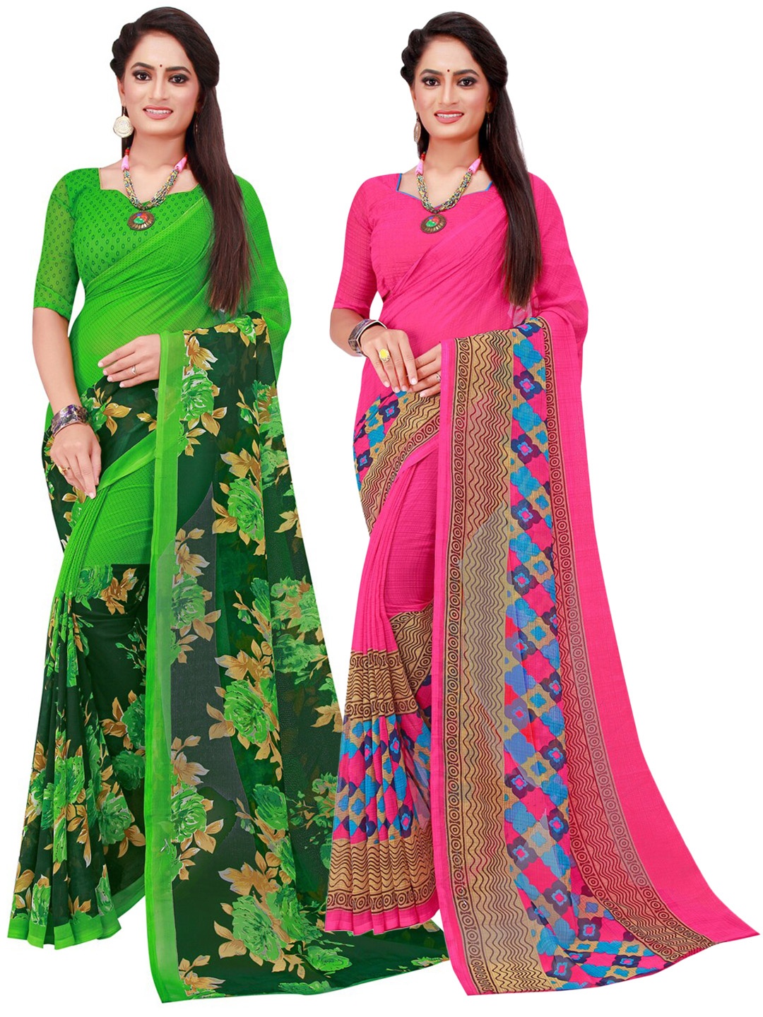 

KALINI Pack of 2 Magenta & Green Floral Pure Georgette Saree