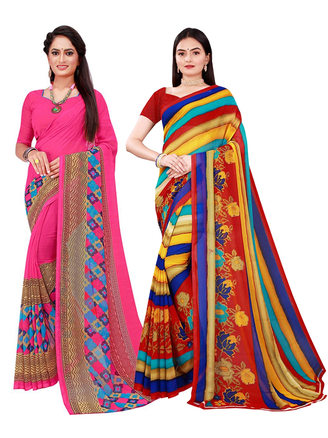 

KALINI Pack Of 2 Pink & Red Pure Georgette Saree