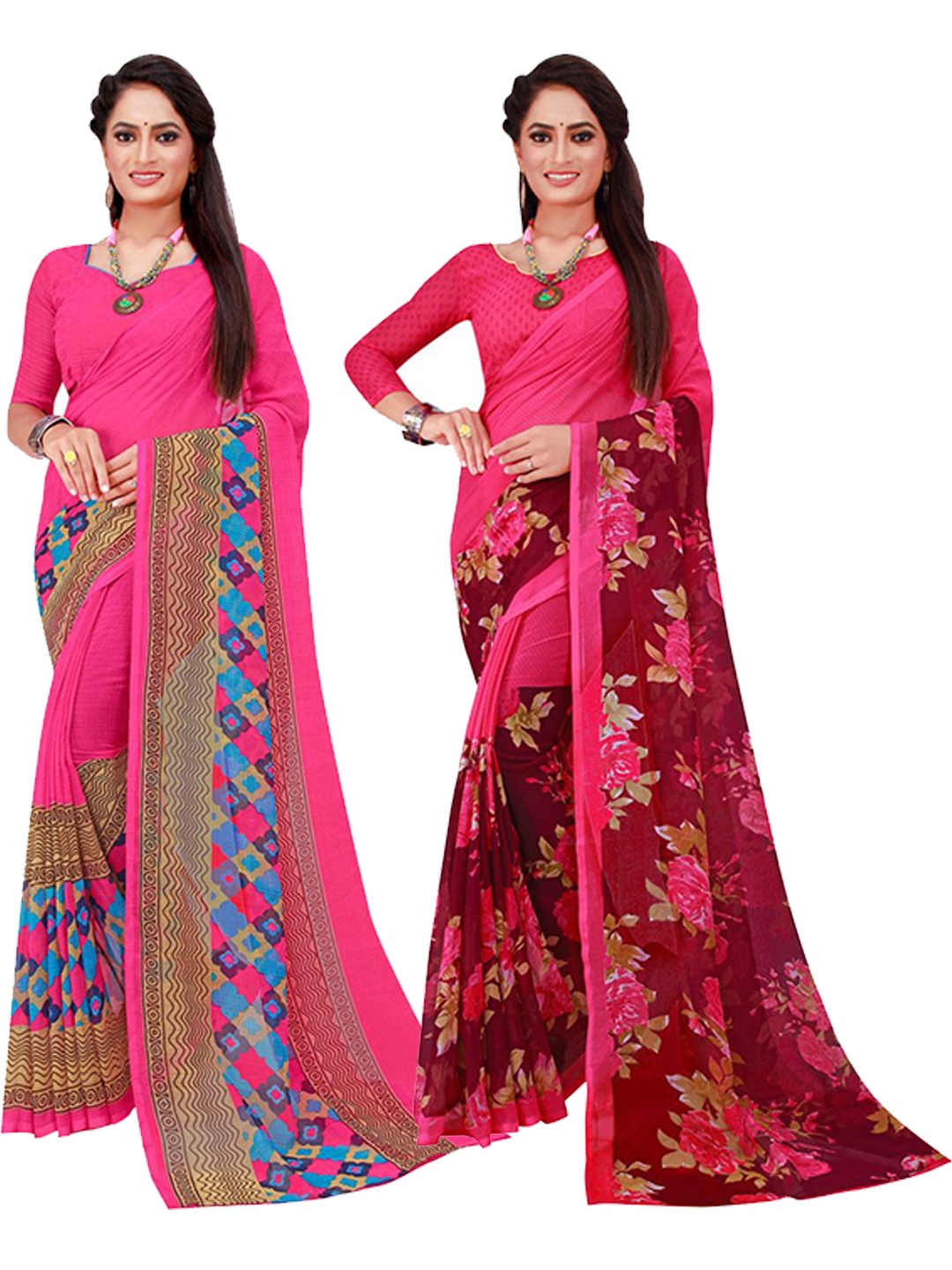 

KALINI Magenta & Blue Set Of 2 Floral Pure Georgette Saree