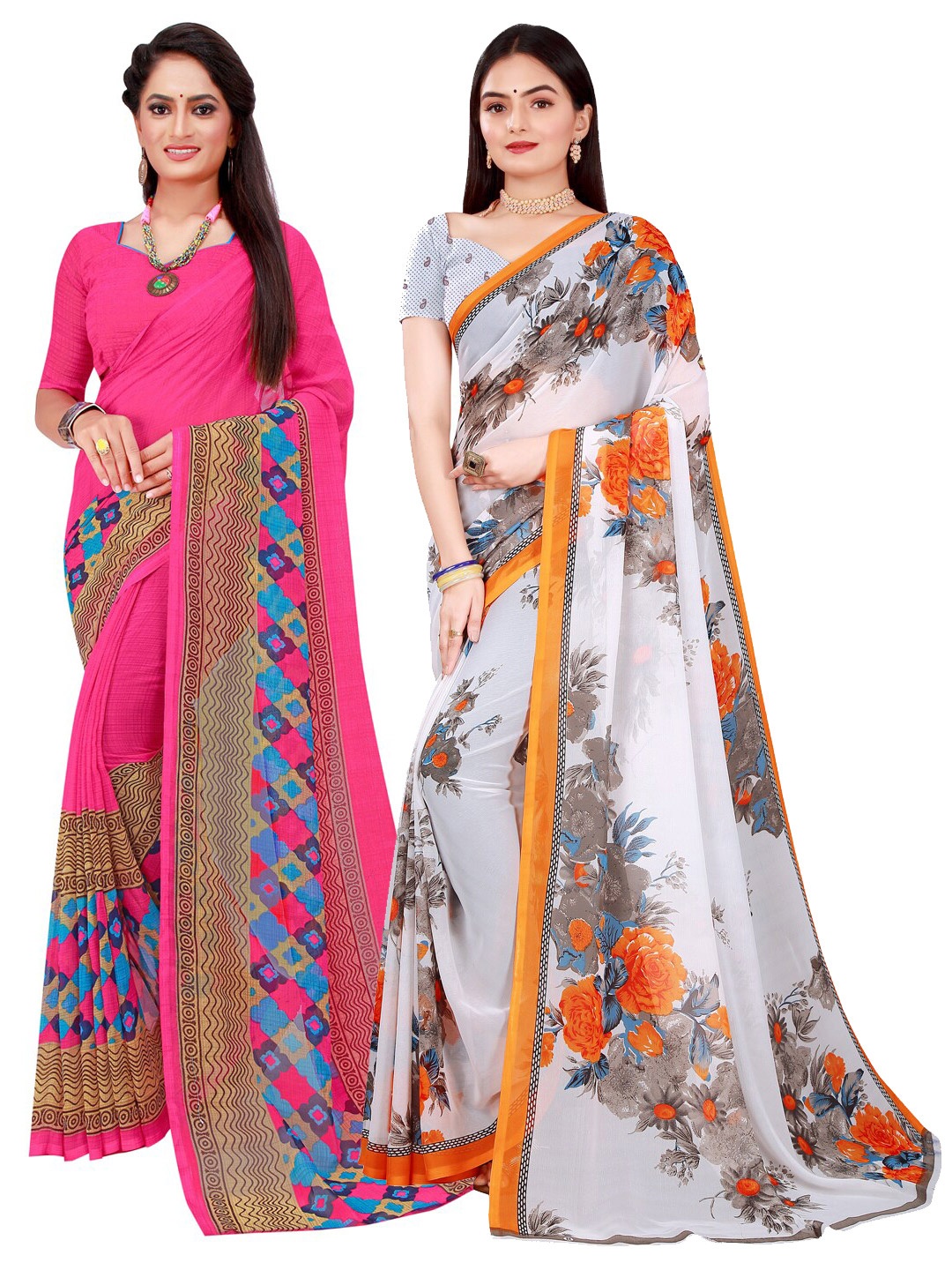 

KALINI Pack Of 2 Magenta & Grey Geometric Printed Sarees