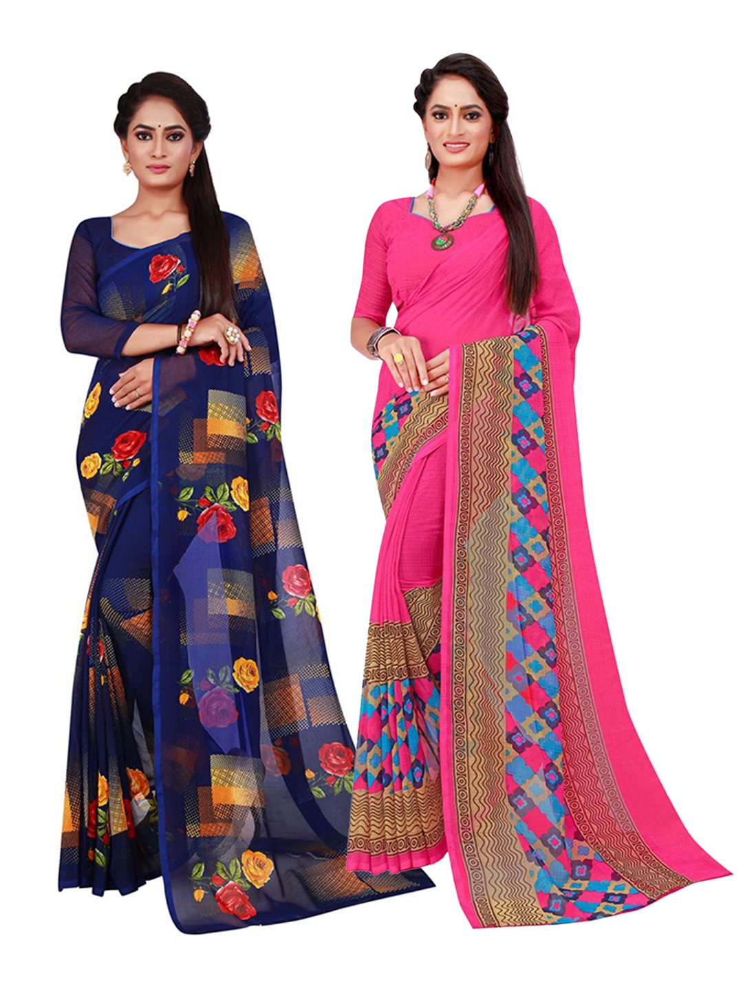 

KALINI Pack Of 2 Magenta & Blue Pure Georgette Saree