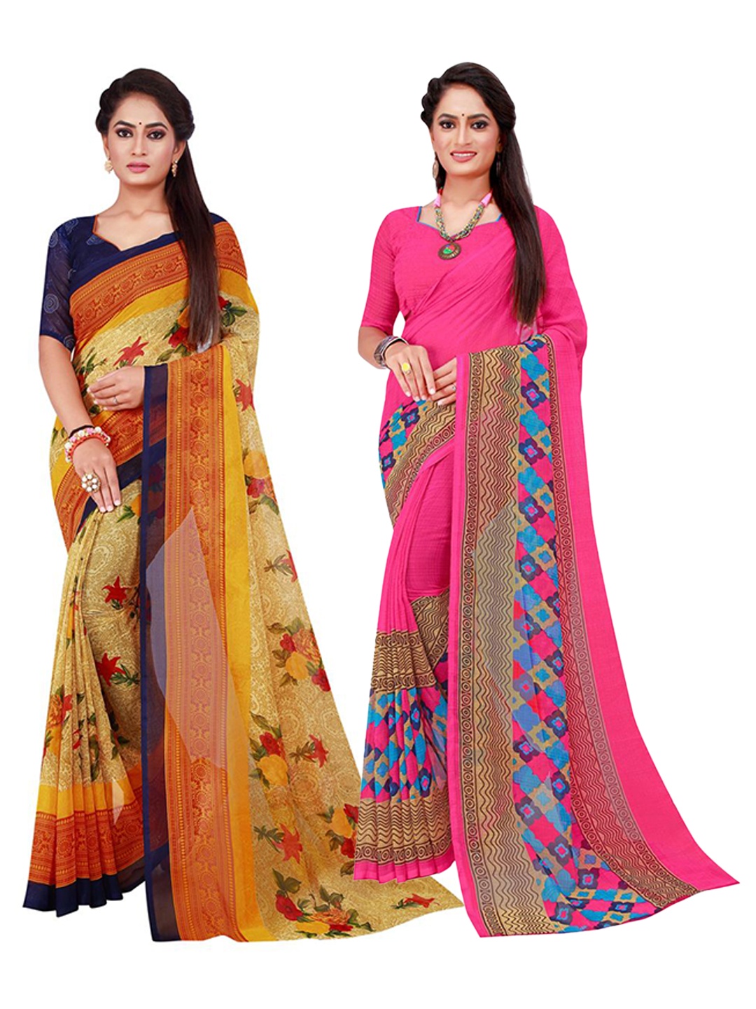 

KALINI Pack Of 2 Magenta & Beige Pure Georgette Saree