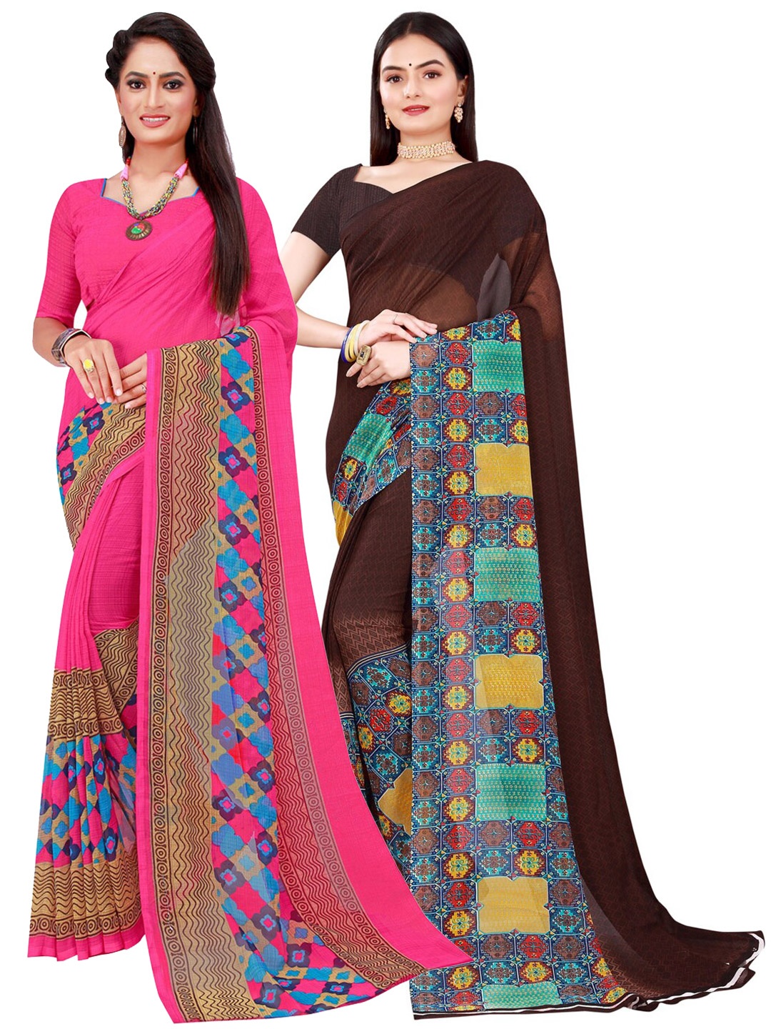 

KALINI Magenta & Brown Set of 2 Floral Printed Pure Georgette Saree