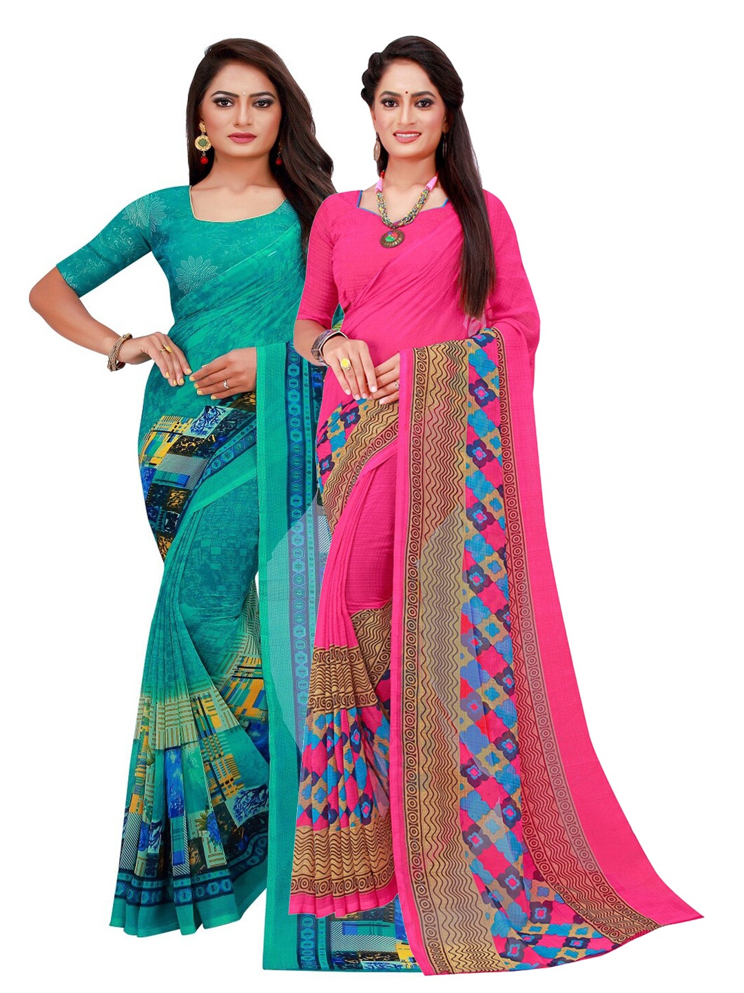 

KALINI Turquoise Blue & Magenta Set of 2 Pure Georgette Saree