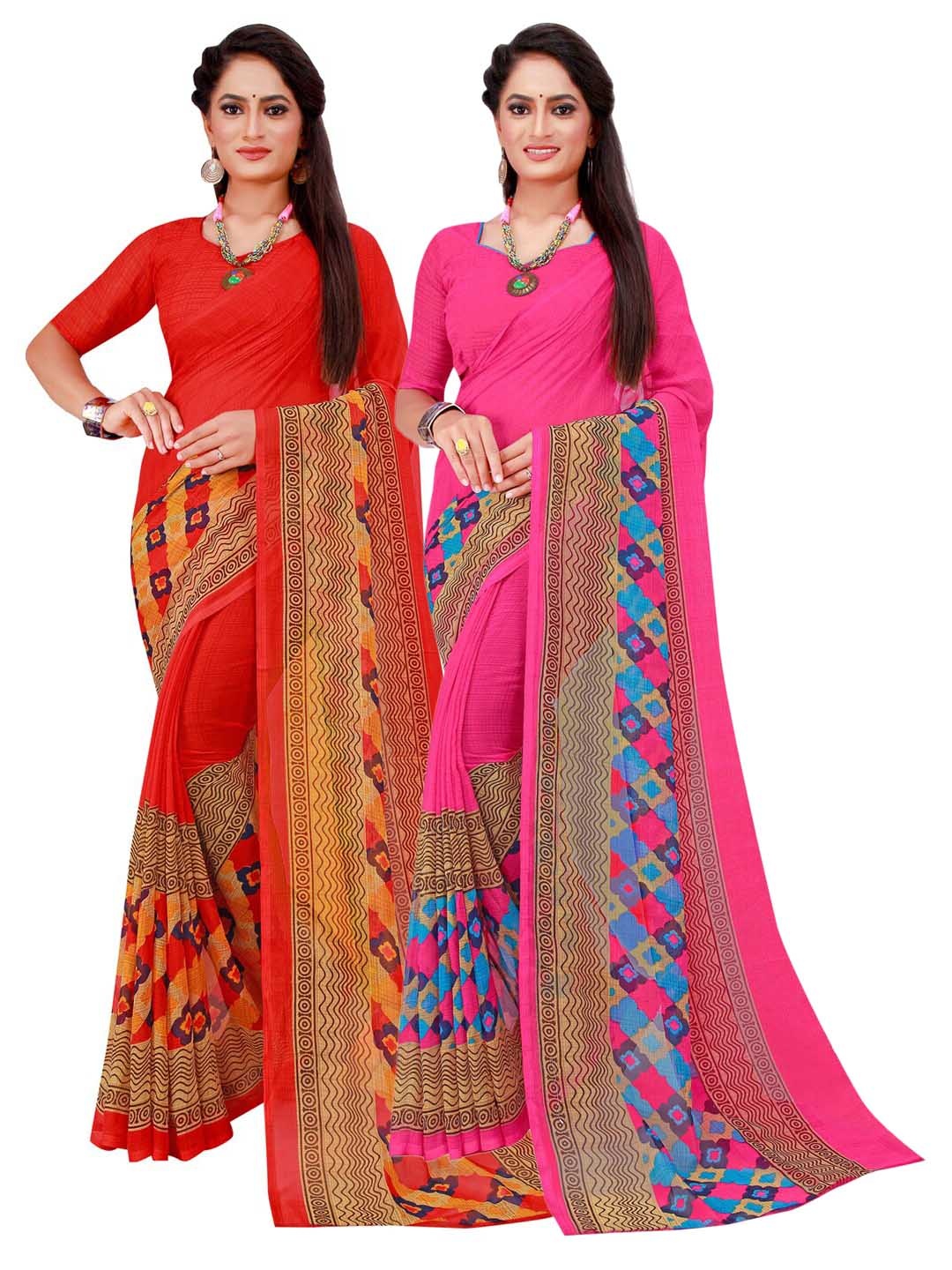 

KALINI Pack of 2 Magenta & Red Floral Pure Georgette Saree