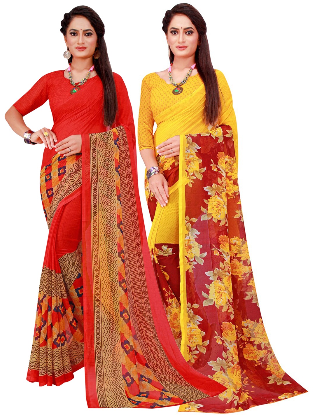 

KALINI Red & Yellow Floral Printed Pure Georgette Saree Pack Of 2