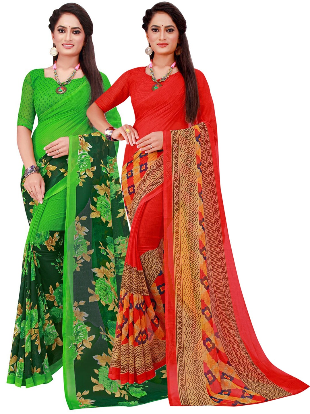 

KALINI Pack of 2 Red & Green Floral Pure Georgette Sarees
