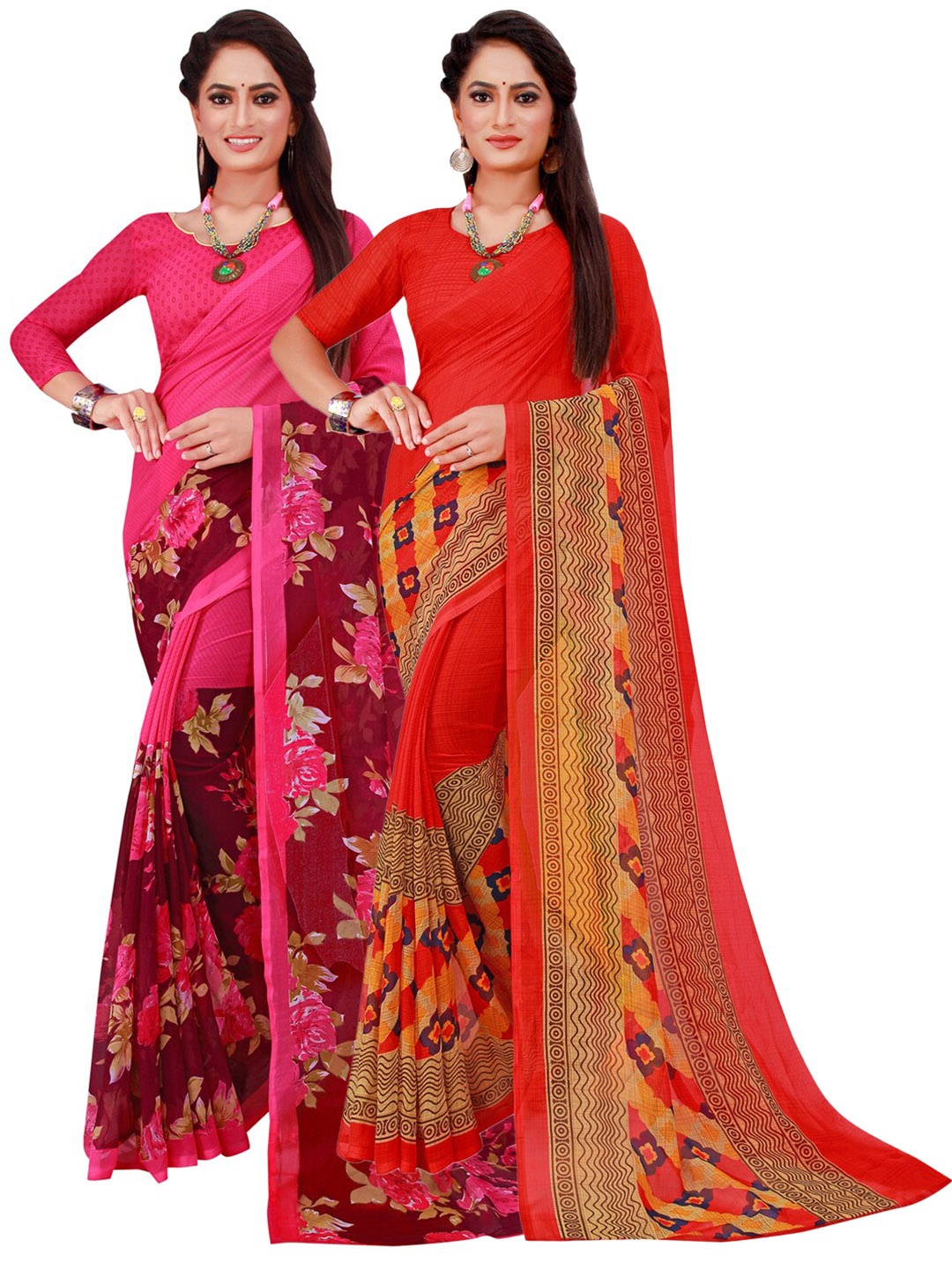 

KALINI Red & Pink Printed Pure Georgette Sarees Pack Of 2