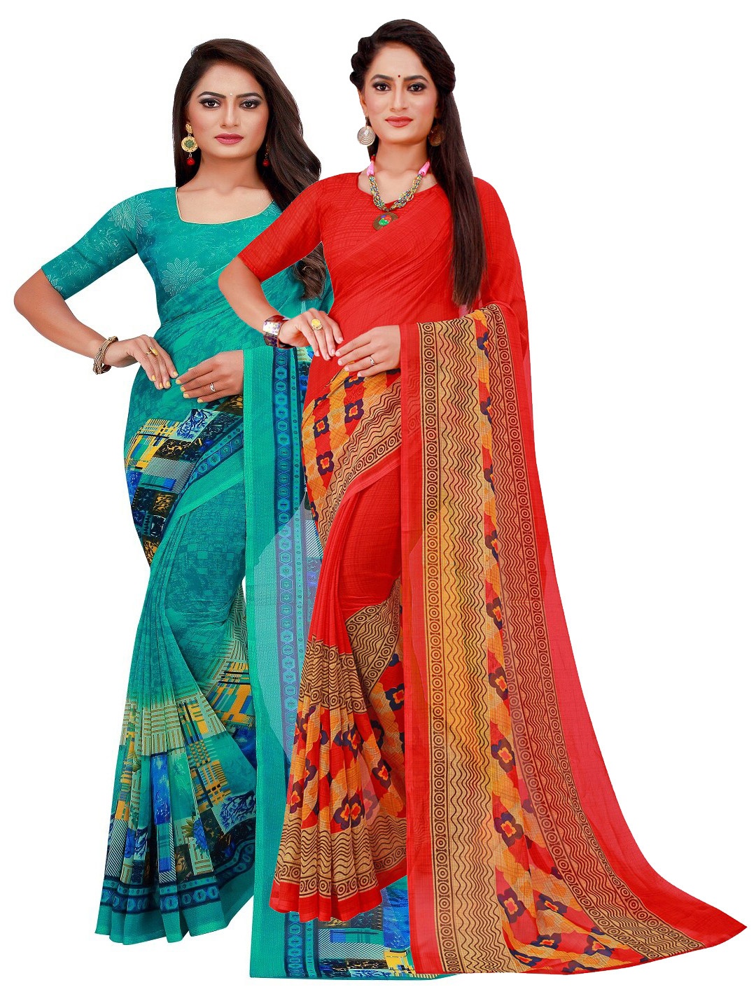 

KALINI Turquoise Blue & Red Ethnic Motifs Set of 2 Pure Georgette Saree