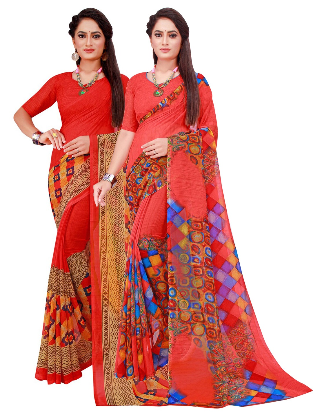 

KALINI Pack of 2 Printed Pure Georgette Sarees, Red