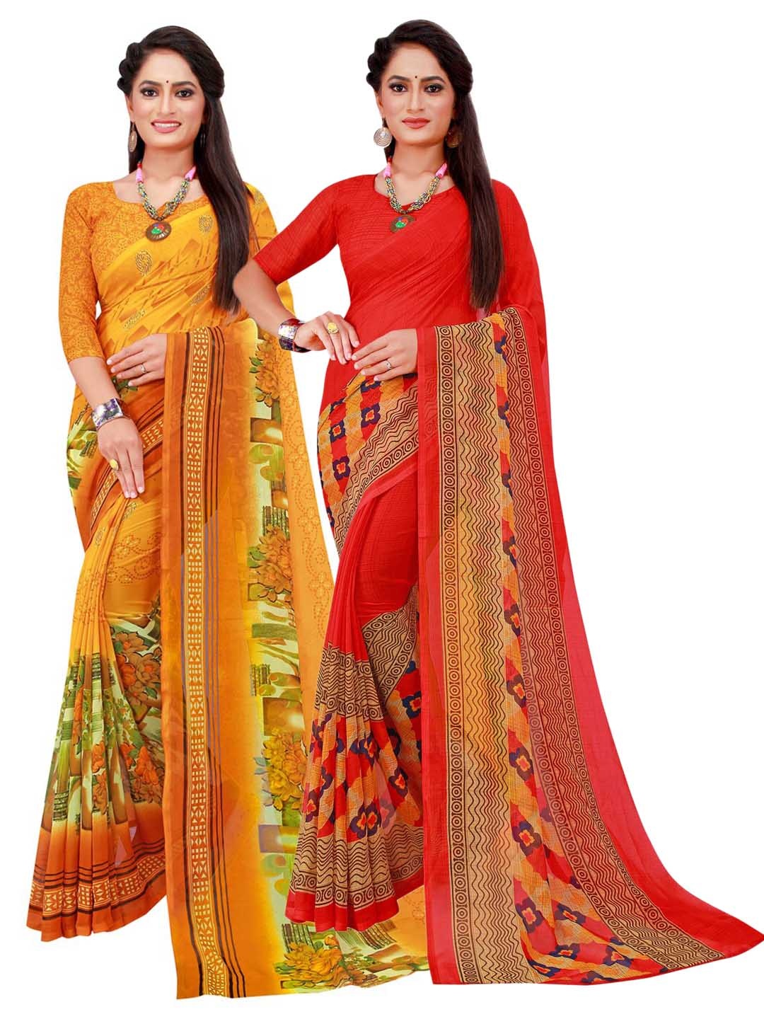 

KALINI Pack of 2 Red & Yellow Pure Georgette Saree