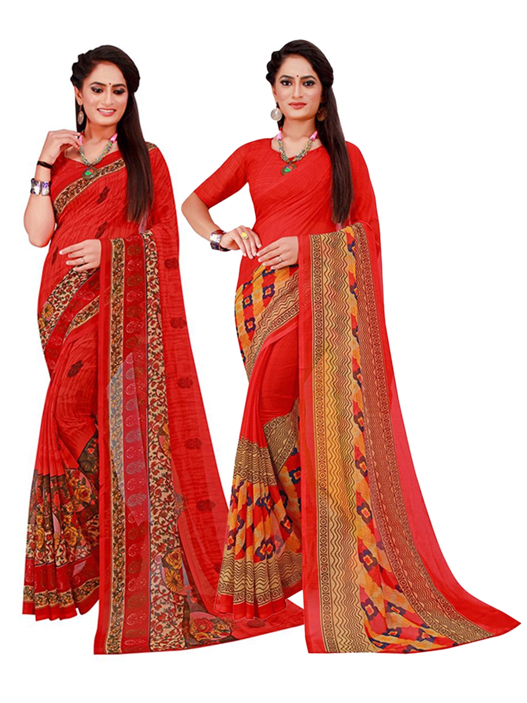 

KALINI Red & Blue Set of 2 Pure Georgette Saree