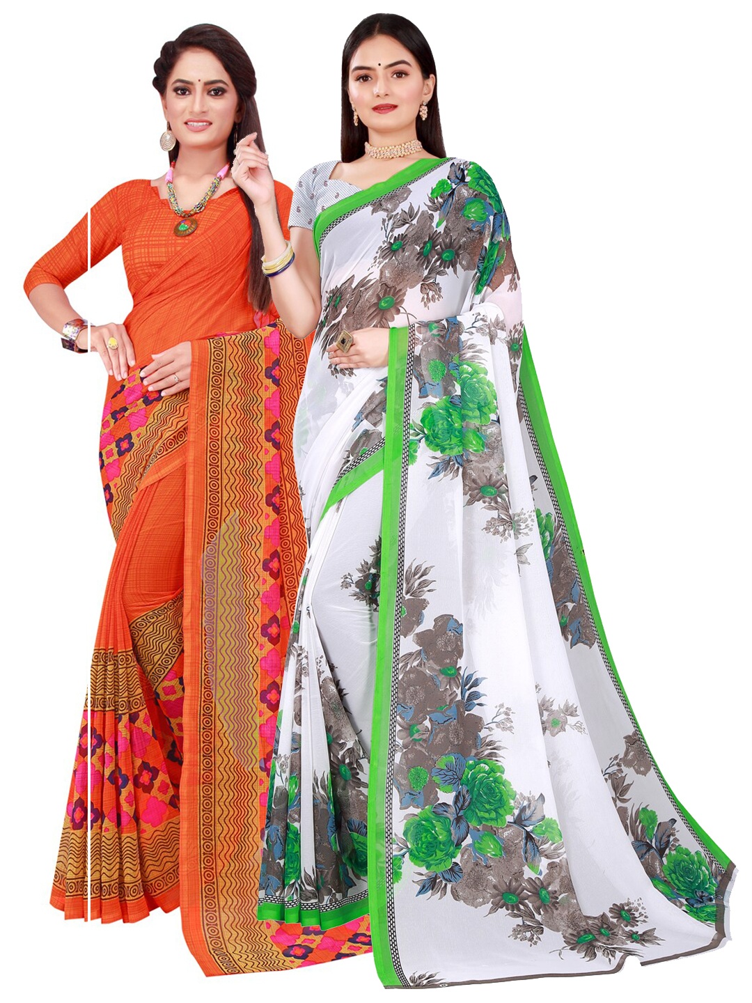 

KALINI Pack of 2 Red & White Floral Pure Georgette Sarees