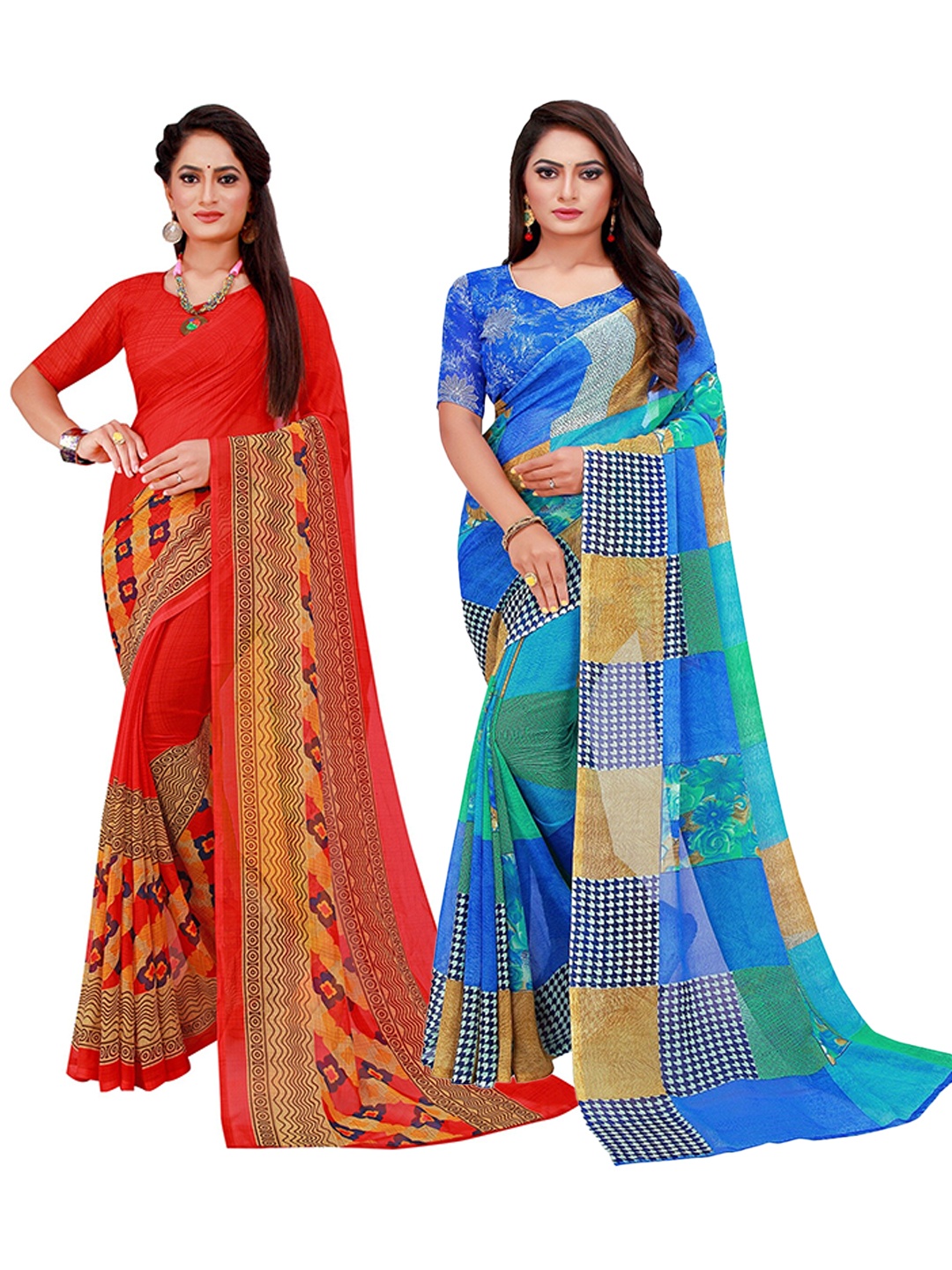 

KALINI Pack of 2 Blue & Red Floral Pure Georgette Sarees