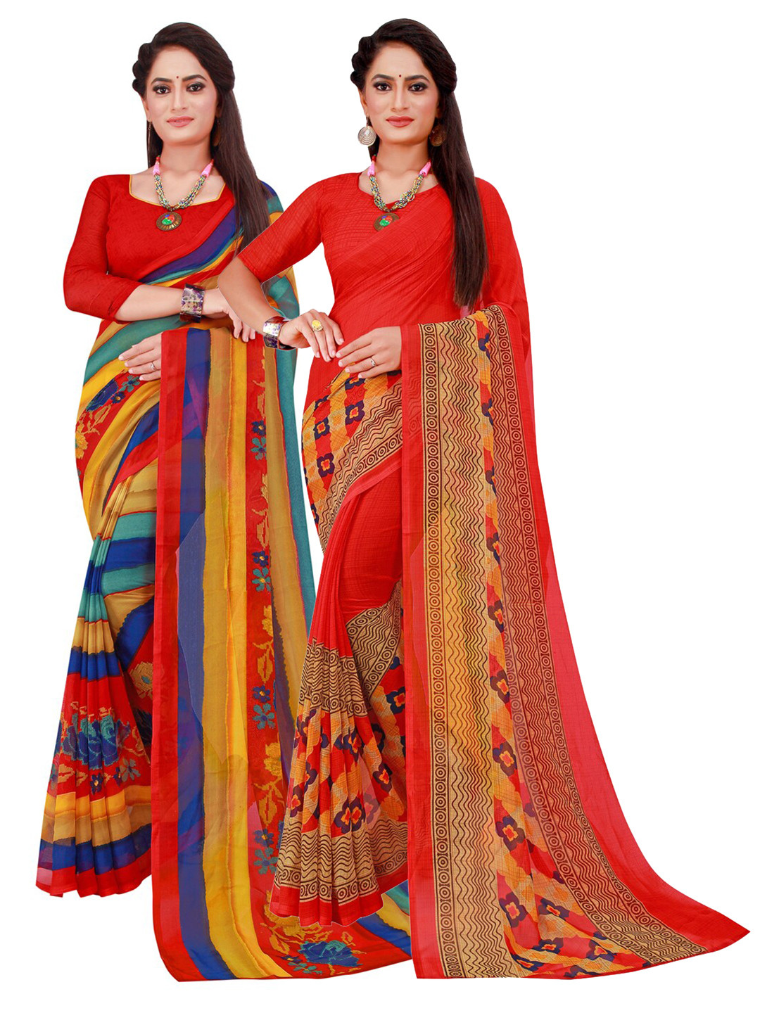 

KALINI Pack of 2 Red & Yellow Floral Pure Georgette Saree