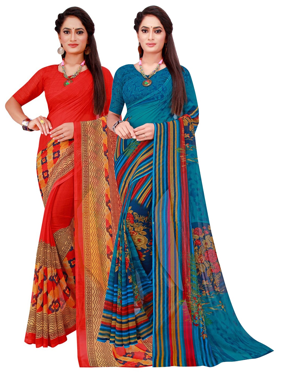 

KALINI Pack of 2 Red & Blue Floral Pure Georgette Sarees