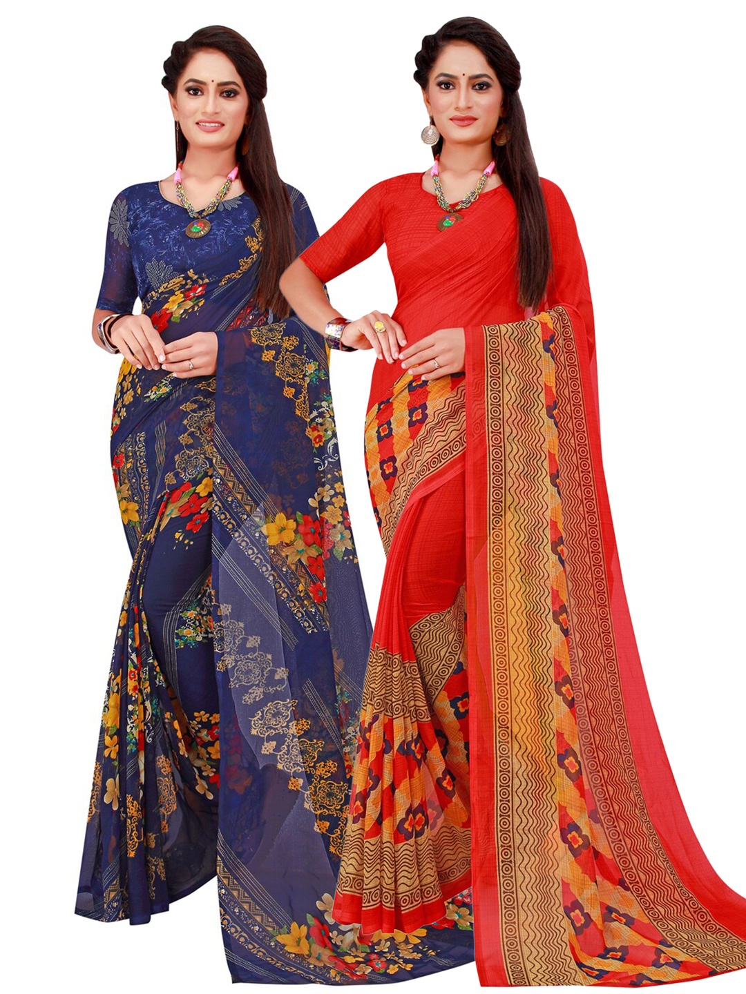 

KALINI Pack of 2 Printed Pure Georgette Sarees, Red