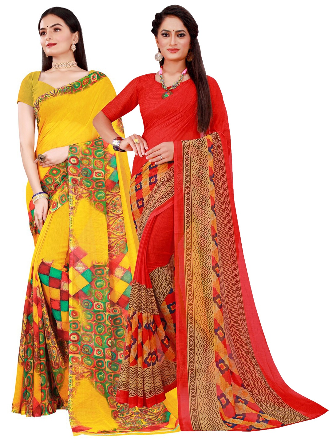 

KALINI Pack of 2 Red & Yellow Floral Pure Georgette Saree