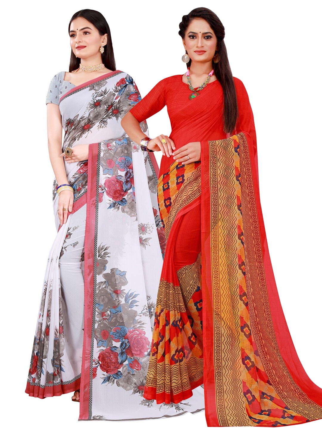 

KALINI Red & White Set Of 2 Pure Georgette Saree