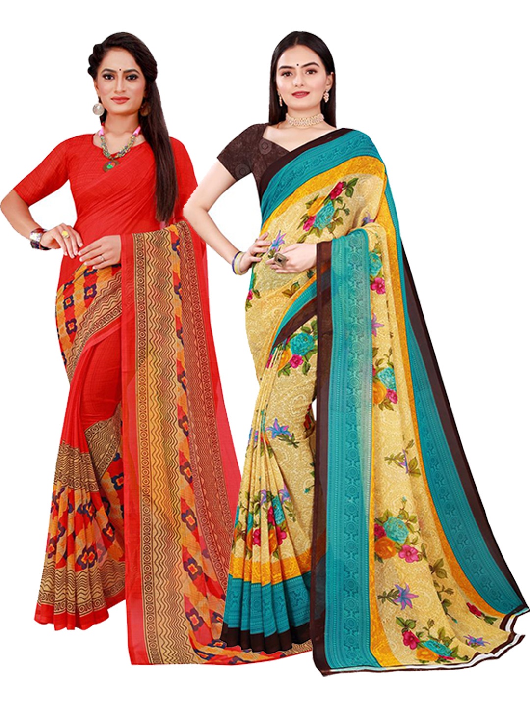 

KALINI Red & Beige Floral Set of 2 Pure Georgette Saree